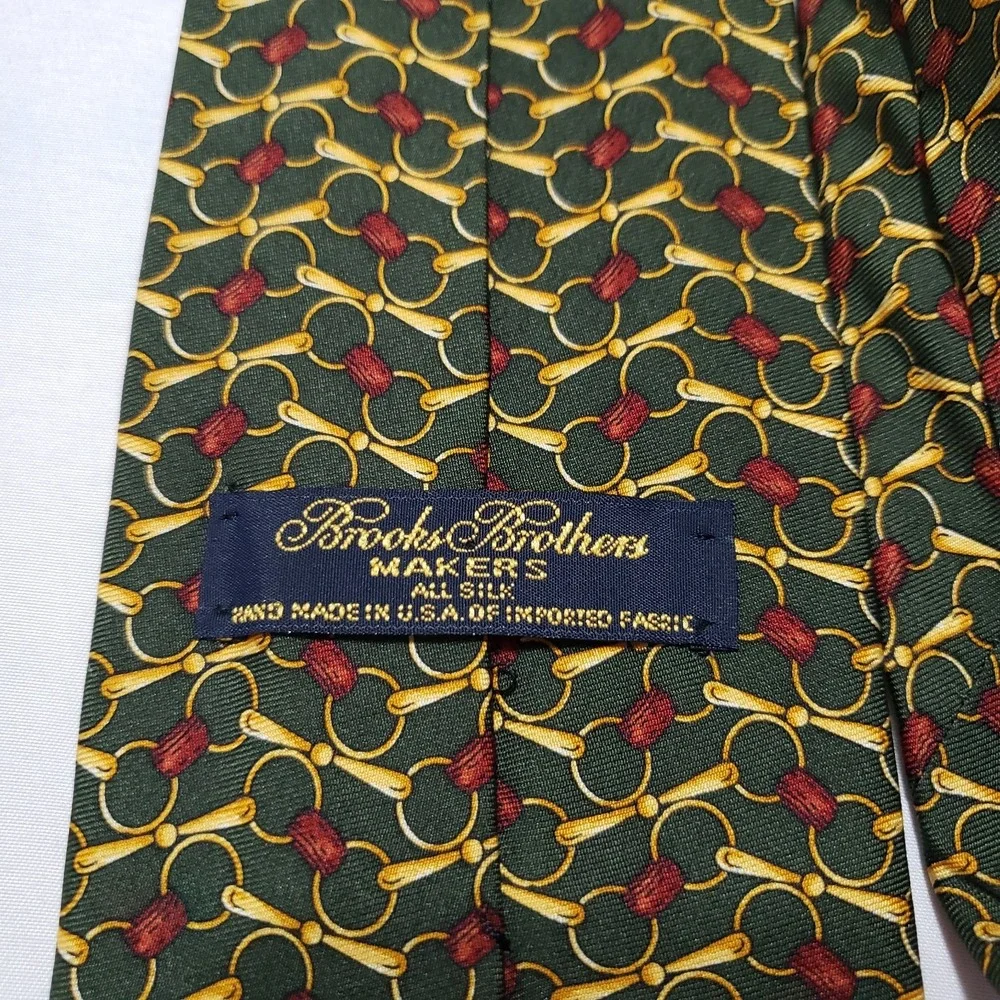 Brooks Brothers Mens Silk Tie Green Gold Burgundy Bit Pattern Made in‎ USA